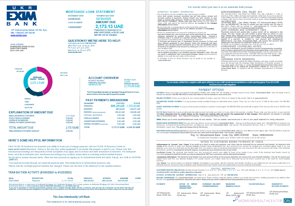 Ukrainian Ukreximbank Bank mortgage loan statement in Word and PDF formats , 4 pages 1 2
